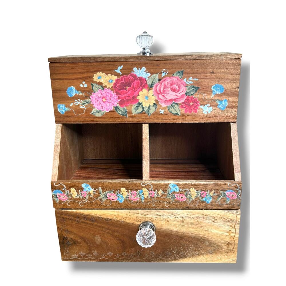 The Pioneer Woman Acacia Wood Coffee Pod Tea Bag Organizer Floral County Cottage